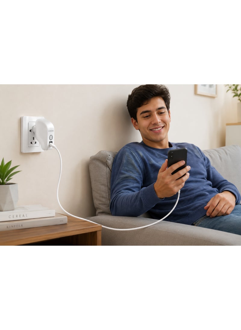 777 شاحن حائط للسفر تريبل سفن (Triple Seven 777) شحن سريع بقوة 3.1 أمبير مع كابل مايكرو (Micro USB) مدمج ومنفذ USB إضافي وقابس دوار 90 درجة - أبيض - Image 4