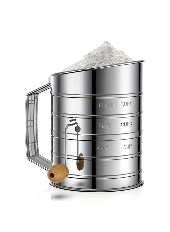 Silvery Stainless Steel 3 Cup Flour Sifter With Manual Crank And Fine Mesh - Image 1