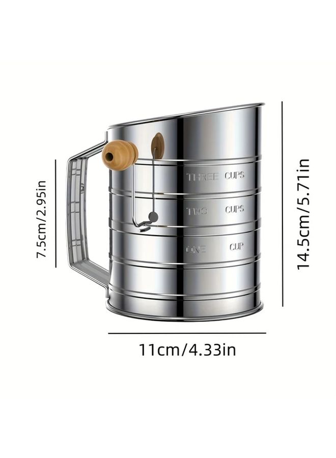 Silvery Stainless Steel 3 Cup Flour Sifter With Manual Crank And Fine Mesh - Image 3