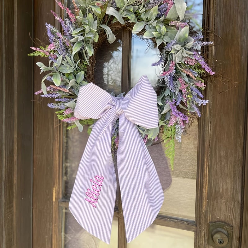Custom Blue Easter Basket Bow Embroidered Bunny Sash Monogrammed Seersucker Font 16 - Image 2