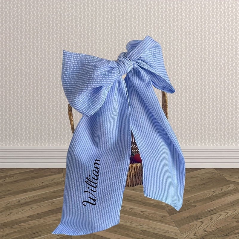 Custom Blue Easter Basket Bow Embroidered Bunny Sash Monogrammed Seersucker Font 16 - Image 4