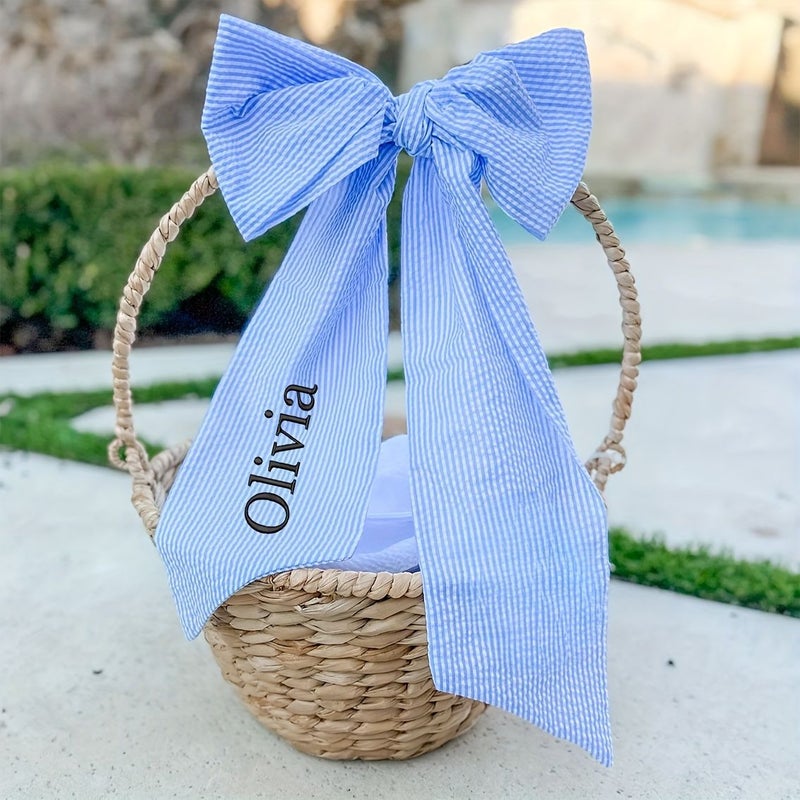 Custom Blue Easter Basket Bow Embroidered Bunny Sash Monogrammed Seersucker Font 16 - Image 1