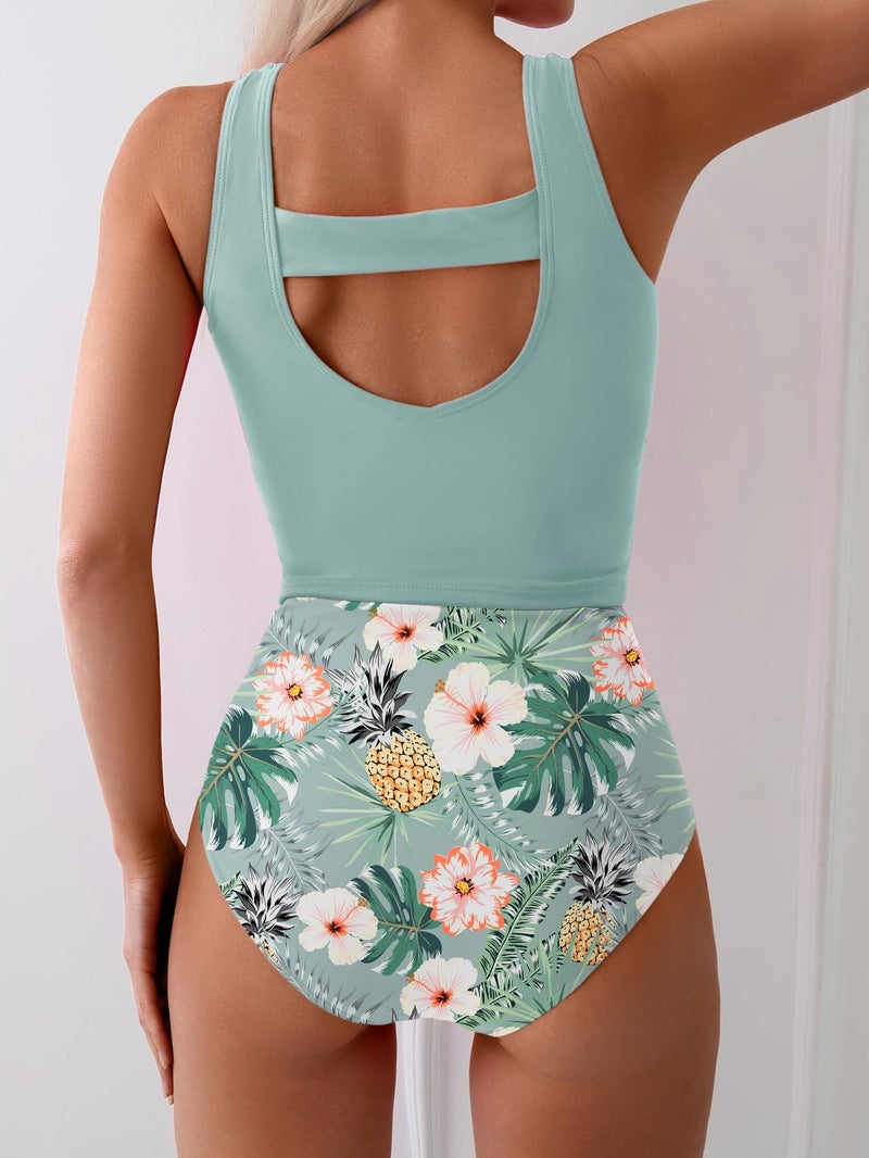 Eomenie Two Piece Tankini Swimsuits for Women Tummy Control Bathing Suits Cutout Back Swim Tank Top with High Waisted Bottom Green Floral - Image 2