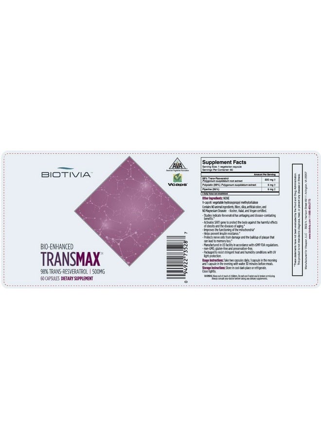 BIOTIVIA - Biotivia - Transmax 1000mg 98% Trans-resveratrol + Polydatin + Piperine for Increased Bio-Availability. No Artificial Fillers or Additives. 60x500mg Vegan Capsules - Image 1