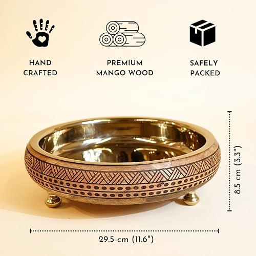 BEHOMA Wood & Metal Design 12 Inches Urli, Decorative Bowl Home Decor | Uruli for Indoor Centre Table Flower Decoration | Wooden Tray for Festival Durga Puja Navratri Gifting, 1 Pc, Mocha Brown 1 L - Image 3
