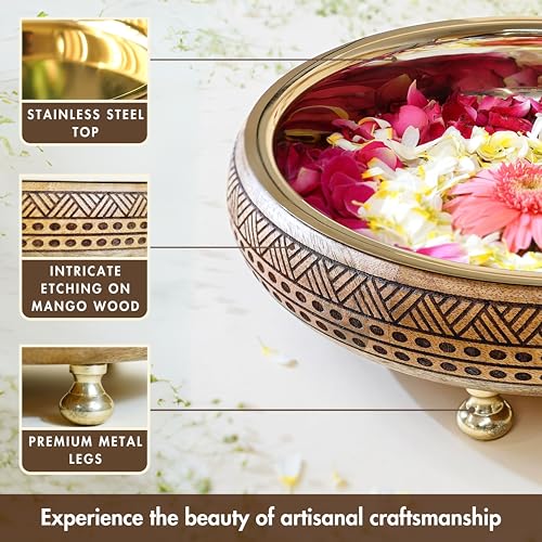 BEHOMA Wood & Metal Design 12 Inches Urli, Decorative Bowl Home Decor | Uruli for Indoor Centre Table Flower Decoration | Wooden Tray for Festival Durga Puja Navratri Gifting, 1 Pc, Mocha Brown 1 L - Image 5