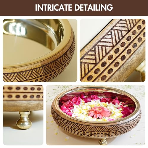 BEHOMA Wood & Metal Design 12 Inches Urli, Decorative Bowl Home Decor | Uruli for Indoor Centre Table Flower Decoration | Wooden Tray for Festival Durga Puja Navratri Gifting, 1 Pc, Mocha Brown 1 L - Image 4