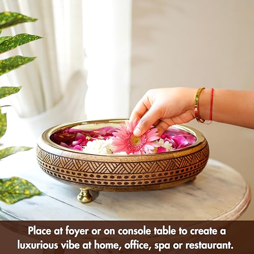 BEHOMA Wood & Metal Design 12 Inches Urli, Decorative Bowl Home Decor | Uruli for Indoor Centre Table Flower Decoration | Wooden Tray for Festival Durga Puja Navratri Gifting, 1 Pc, Mocha Brown 1 L - Image 2