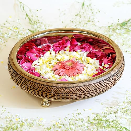 BEHOMA Wood & Metal Design 12 Inches Urli, Decorative Bowl Home Decor | Uruli for Indoor Centre Table Flower Decoration | Wooden Tray for Festival Durga Puja Navratri Gifting, 1 Pc, Mocha Brown 1 L - Image 1