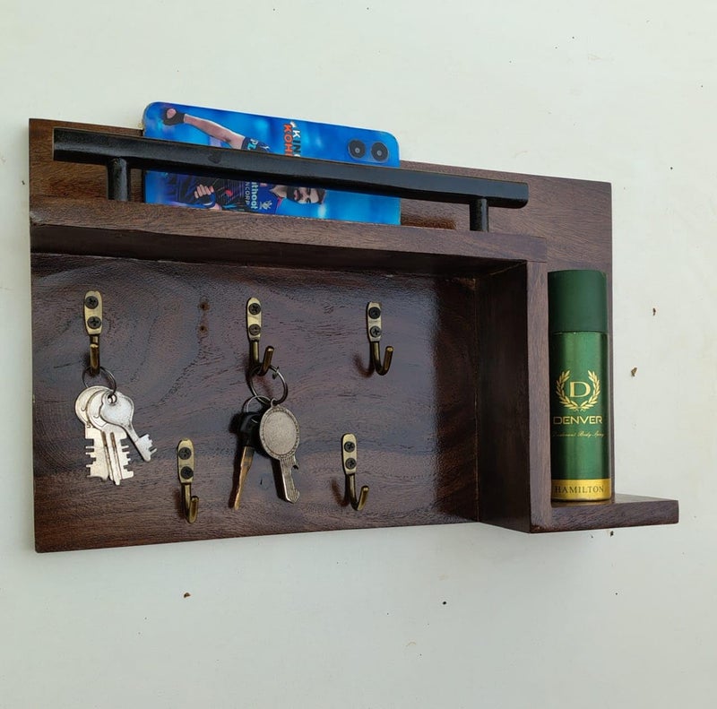 Keeam Decor Wooden Key Holder with Shelf 3 Hooks 245 cm x 15 cm Green Perfume Bottle Key Holder Rack Key Holder Box Keychain Holder Key Ring Holder Wall Key Holder Key Organizer  - Image 3