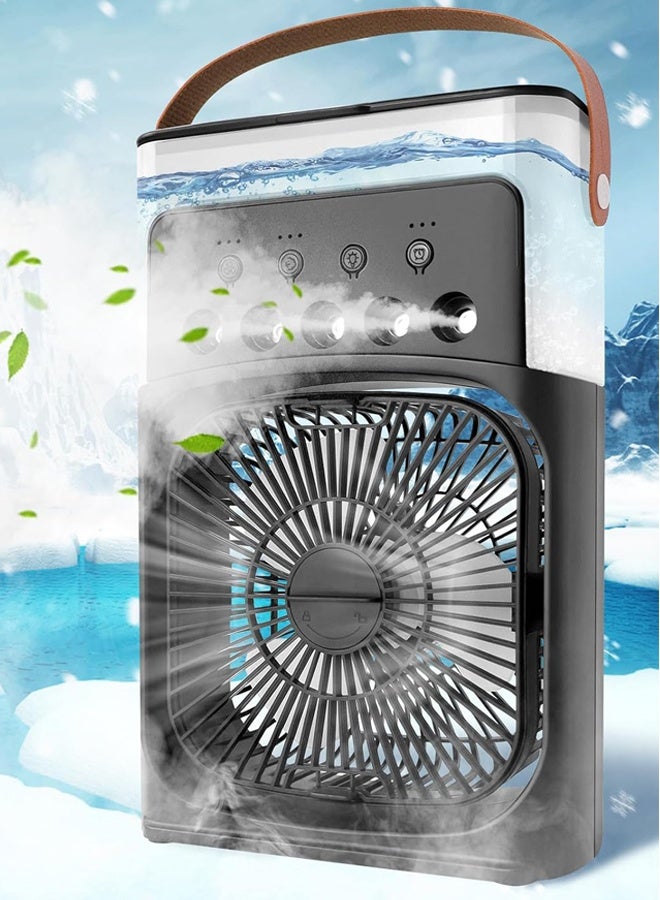 Portable Misting Fan 3-Speed with 5 Nozzles, 600mL Tank & LED Lights, USB Timer for Outdoor Cooling, Camping, Patio,Black - Image 1