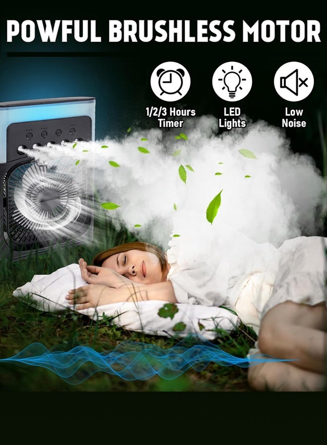 Portable Misting Fan 3-Speed with 5 Nozzles, 600mL Tank & LED Lights, USB Timer for Outdoor Cooling, Camping, Patio,Black - Image 2