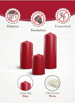 Lukadah LUKADAH Premium Quality Unscented Red Pillar Candles - Long Burning Hours, Decorative, SPA - Dripless Clean Burning Dinner Candle | Dripless Decorative Candles for Home Decor & Relaxation | Set of 3  - Image 2