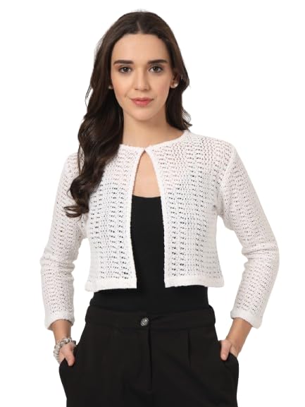 Style Quotient Women White Solid Lace Shrug - Image 1