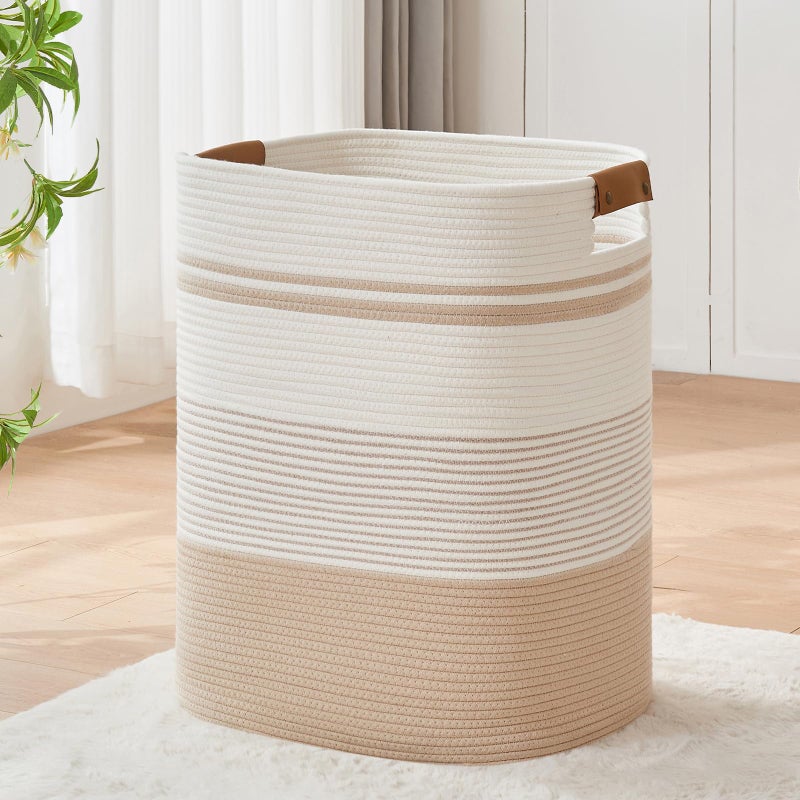 AINUOQI Laundry Basket with Handles - Blanket Basket & Hampers for Bedroom Aesthetic, Laundry Hamper & Blanket Storage for Living Room, Clothes Hamper, Tall, Large 17" x 14" x 22â€, Off-white - Image 1