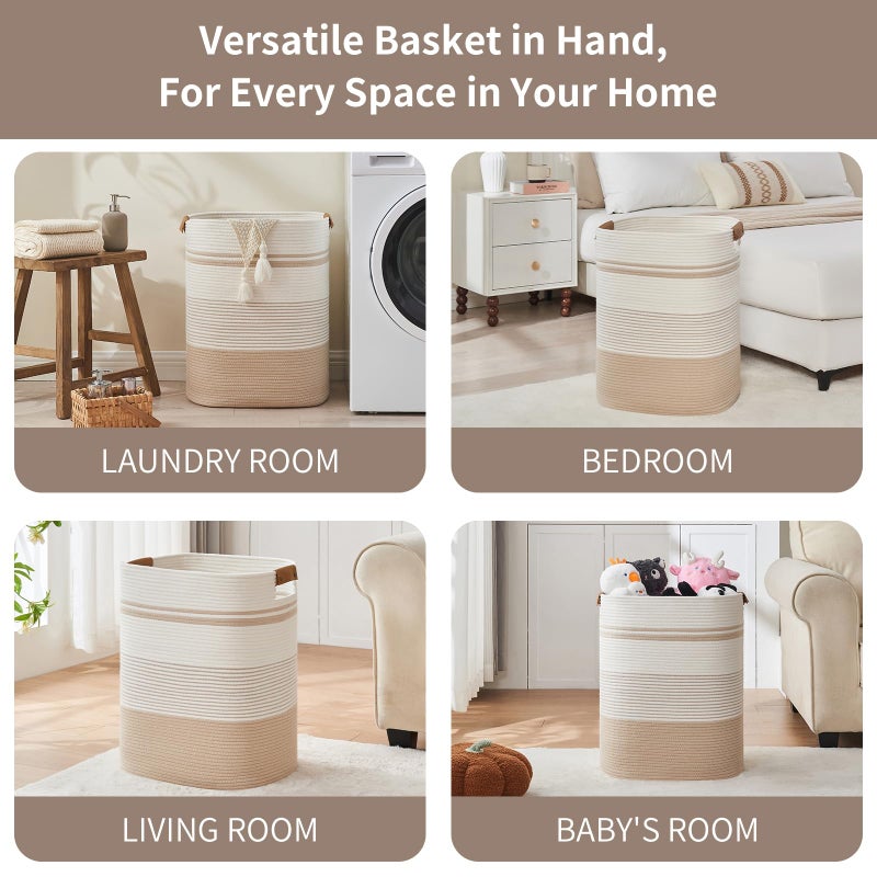 AINUOQI Laundry Basket with Handles - Blanket Basket & Hampers for Bedroom Aesthetic, Laundry Hamper & Blanket Storage for Living Room, Clothes Hamper, Tall, Large 17" x 14" x 22â€, Off-white - Image 3