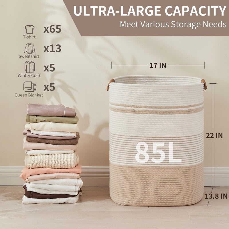 AINUOQI Laundry Basket with Handles - Blanket Basket & Hampers for Bedroom Aesthetic, Laundry Hamper & Blanket Storage for Living Room, Clothes Hamper, Tall, Large 17" x 14" x 22â€, Off-white - Image 2