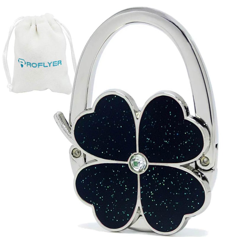 ROFLYER Four Leaf Clover Design Foldable Handbag Hanger Folding Purse Table Hook Holder (Black) - Image 1