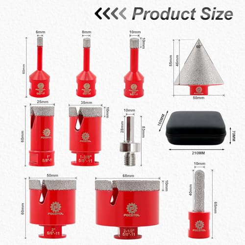 FOCSTOL Diamond Core Drill Bit Set - FOCSTOL 10pcs (6/8/10/25/35/50/65mm+10mm Finger Milling Bit+50mm Beveling Chamfer Bit+Hex) Hole Saw Kit for Porcelain Ceramic Tile Marble Granite with 5/8''-11 Thread - Image 2