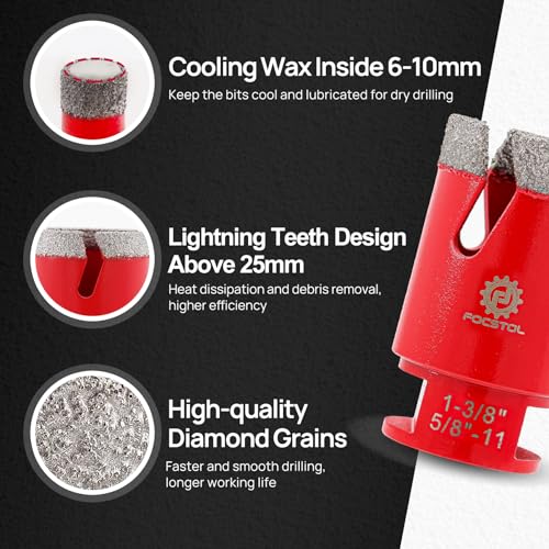 FOCSTOL Diamond Core Drill Bit Set - FOCSTOL 10pcs (6/8/10/25/35/50/65mm+10mm Finger Milling Bit+50mm Beveling Chamfer Bit+Hex) Hole Saw Kit for Porcelain Ceramic Tile Marble Granite with 5/8''-11 Thread - Image 3