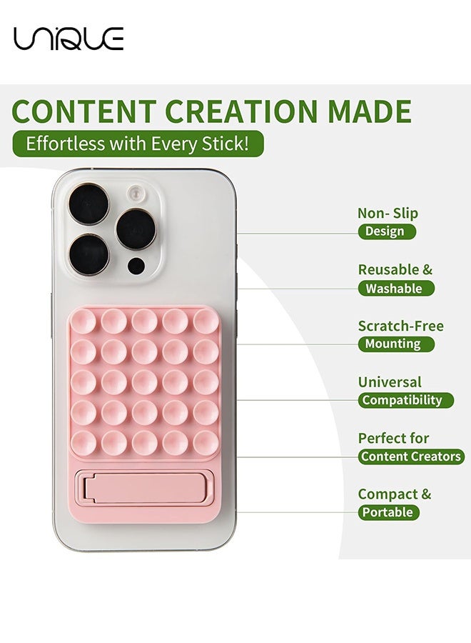 Unique 2 PCS - 2 in 1 Silicone Sticky Phone Grip - Non Slip Suction Cup Phone Mount - Combines a Powerful Suction Cup and a Durable Mount Suitable for Any Phone Model Provides Multiple Mounting Options for Selfies and Tiktok Video Recording Light - with Backing Mobile Fidget Mirror Holder (Pink/Black) - Image 5