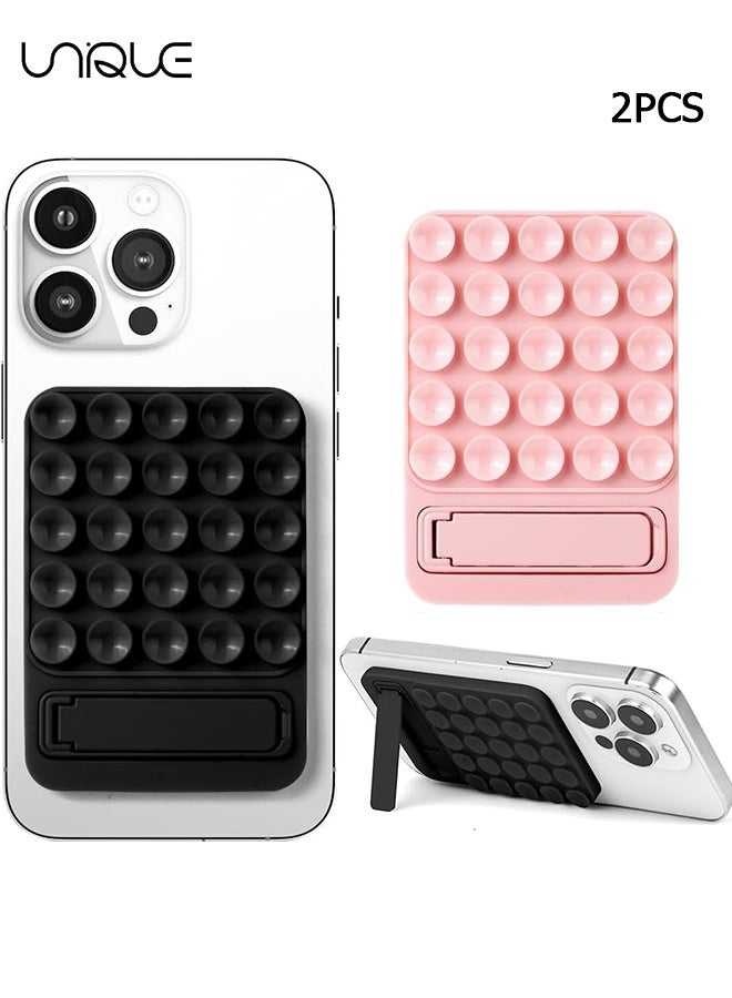 Unique 2 PCS - 2 in 1 Silicone Sticky Phone Grip - Non Slip Suction Cup Phone Mount - Combines a Powerful Suction Cup and a Durable Mount Suitable for Any Phone Model Provides Multiple Mounting Options for Selfies and Tiktok Video Recording Light - with Backing Mobile Fidget Mirror Holder (Pink/Black) - Image 1