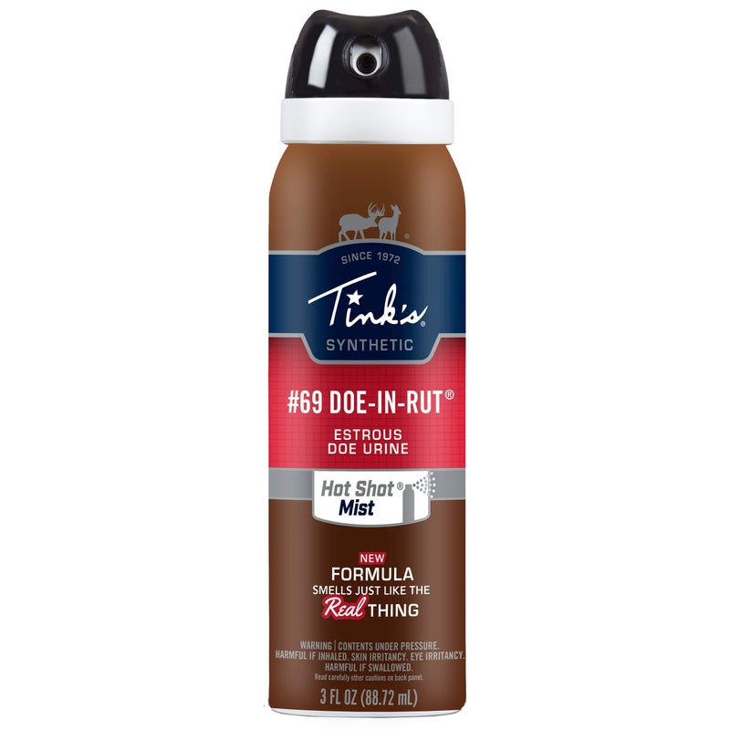 TINK'S Hot Shot #69 Doe-in-Rut Synthetic Estrous Mist | 3 Fl Oz Spray Bottle | Deer Attractant, Hunting Accessories, Synthetic Deer Scent | Powerful Fine Mist | Secure Locking Cap Brown W5260