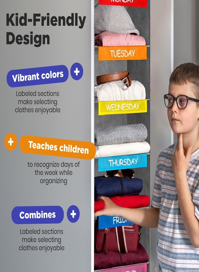 Handy Laundry Weekly Clothes Organizer for Kids - 6-Shelf - Hanging Closet Daily Clothing Organization Labeled Shelves with Days of The Week Monday Through Friday, Weekday and Weekend (Grey-Colored) - Image 4