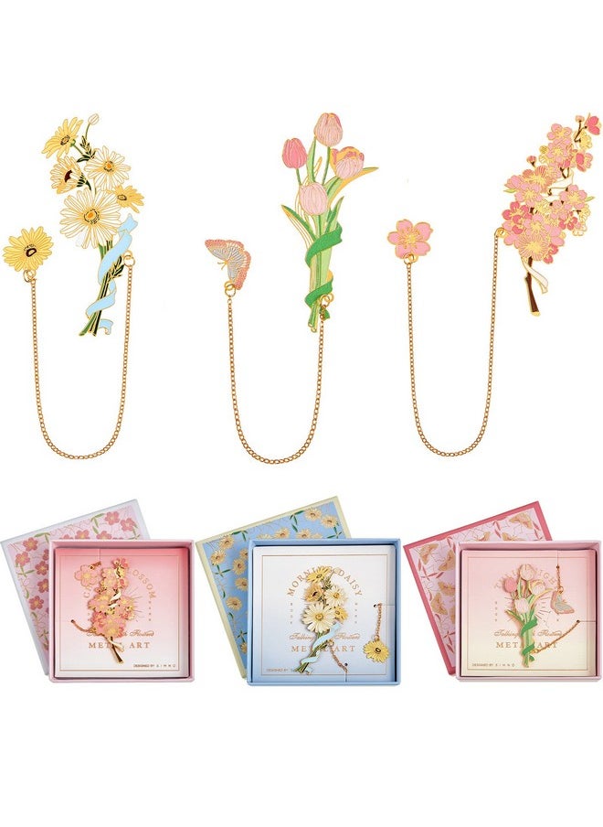 Chuangdi - 3 Pcs Women Metal Bookmark Spiritual Flower Bookmarks Inspirational Cute Book Marks Teacher Appreciation Book Gift Fantasy Book Markers For Lovers Friends Readers, Daisy, Sakura And Tulip - Image 1