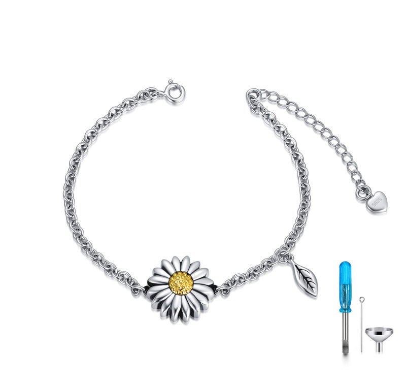 LONAGO Sunflower Cremation Jewelry 925 Sterling Silver Urn Bracelet Link Flower Keepsake Ashes Memorial Pendant Locket for Women Mom - Image 1