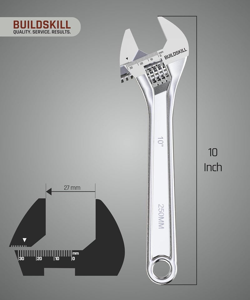 BUILDSKILL 10" 250mm Adjustable wrench | Chrome vanadium steel | Professional & home use | Single sided | Rust resistant plumbing tools | Adjustable spanner with lasered scale (6 months warranty) - Image 3