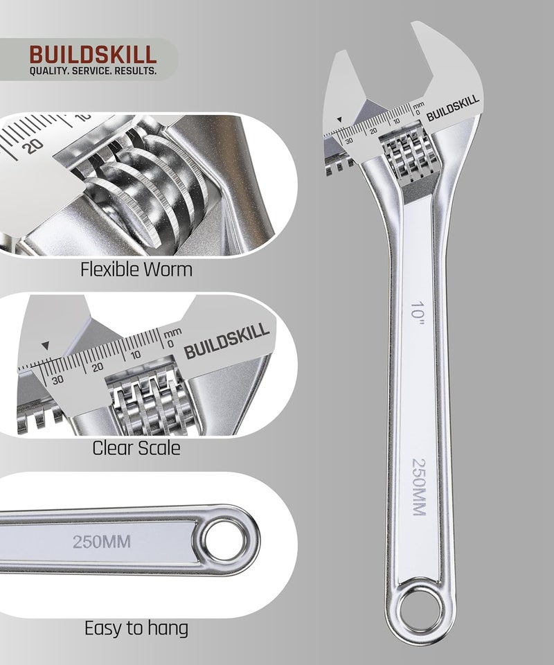 BUILDSKILL 10" 250mm Adjustable wrench | Chrome vanadium steel | Professional & home use | Single sided | Rust resistant plumbing tools | Adjustable spanner with lasered scale (6 months warranty) - Image 4