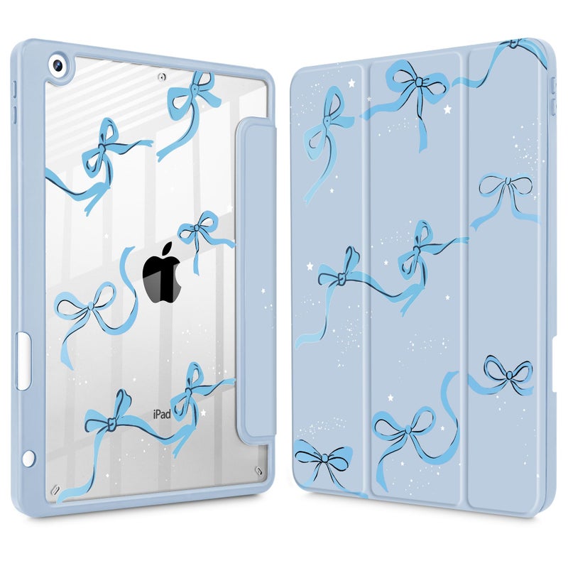 May Chen for iPad 9th Generation with Pencil Holder, iPad 8th/7th Gen Case 10.2-inch, [Penceil Holder] Trifold Stand Auto Wake/Sleep Clear TPU Protection Back Cover, Blue Bows - Image 1