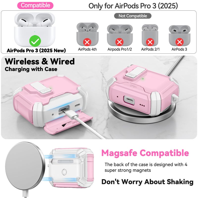 Ekoonpft for Airpods Pro 3 Case Pink, Compatible with MagSafe, Secure Lock Case Cover Qute with Magnetic Auto-Open & Phone Stand with Cleaner Keychain for Women Girly, Shockproof iPod Pro 3 Hard Shell - Image 2