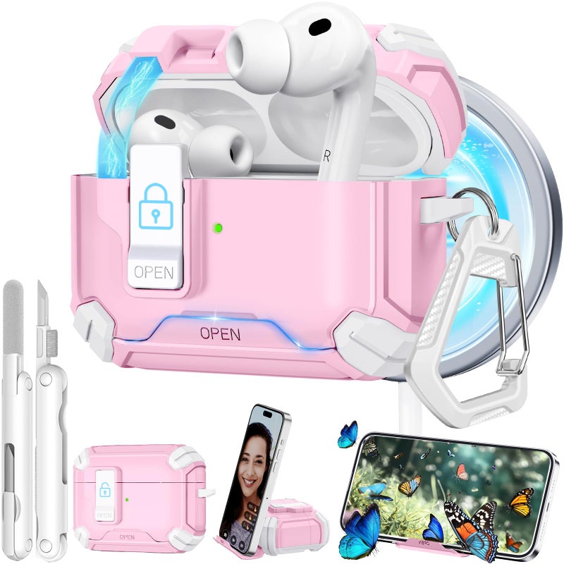 Ekoonpft for Airpods Pro 3 Case Pink, Compatible with MagSafe, Secure Lock Case Cover Qute with Magnetic Auto-Open & Phone Stand with Cleaner Keychain for Women Girly, Shockproof iPod Pro 3 Hard Shell - Image 1