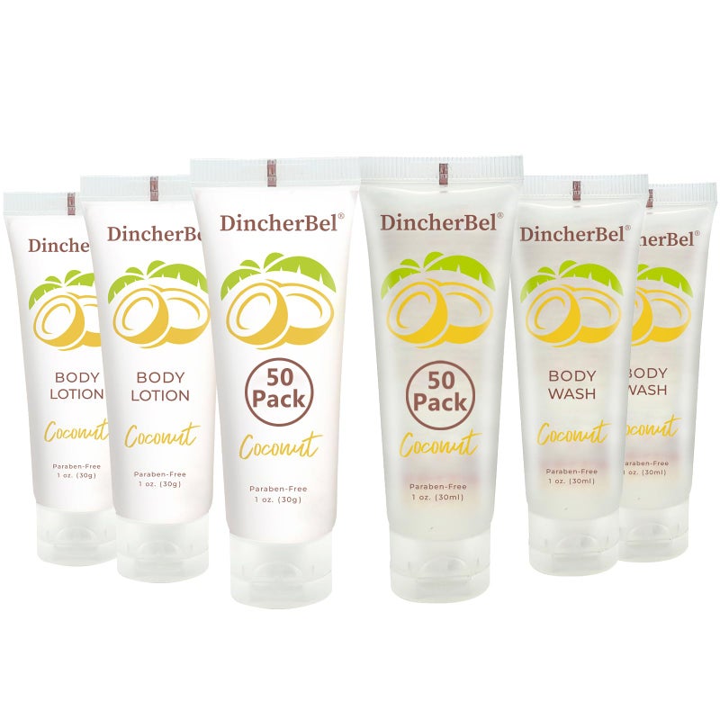 DincherBel Travel Size Body Wash and Body Lotion Bulk Hotel Toiletries Supplies for Guests Refreshing Tropical Coconut Scent Shower Gel and Body Cream for Men Women 1 Fl Oz 100 Pack