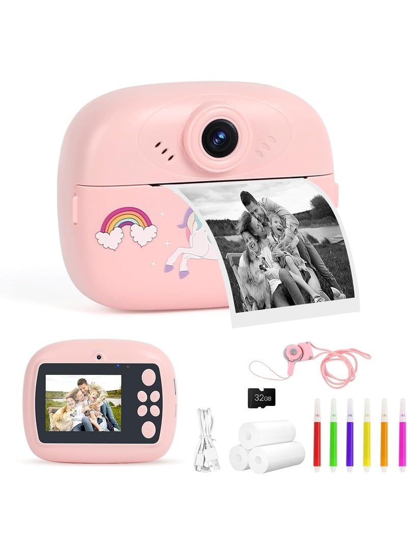 Instant Print Camera for Kids, 1080P HD Instant Print Photo with 3 Rolls Photo Paper & 5 Color Pens & DIY Graffiti, Birthday Gifts for Boys Girls (Pink) - Image 1
