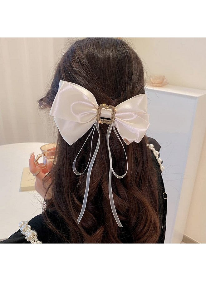 Jumwrit Large Bow Hair Clip Rhinestone Hair Barrette Strong Hold Bowknot Hair Clip Long Ribbon Hair Bow Vintage Hair Accessories For Women Girls（Off White） - Image 1
