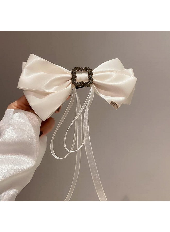 Jumwrit Large Bow Hair Clip Rhinestone Hair Barrette Strong Hold Bowknot Hair Clip Long Ribbon Hair Bow Vintage Hair Accessories For Women Girls（Off White） - Image 4