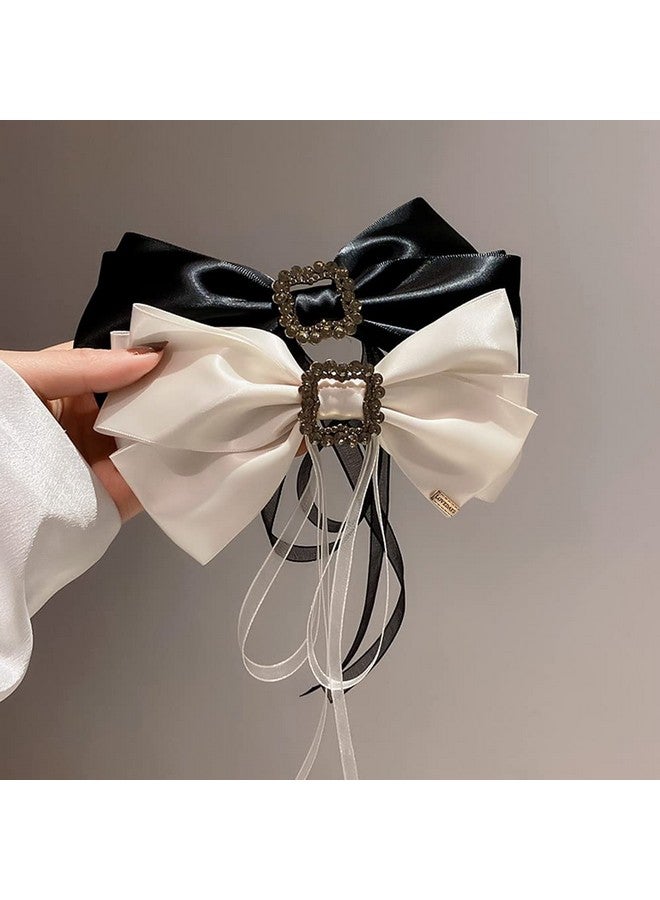 Jumwrit Large Bow Hair Clip Rhinestone Hair Barrette Strong Hold Bowknot Hair Clip Long Ribbon Hair Bow Vintage Hair Accessories For Women Girls（Off White） - Image 5
