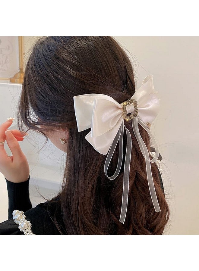 Jumwrit Large Bow Hair Clip Rhinestone Hair Barrette Strong Hold Bowknot Hair Clip Long Ribbon Hair Bow Vintage Hair Accessories For Women Girls（Off White） - Image 3