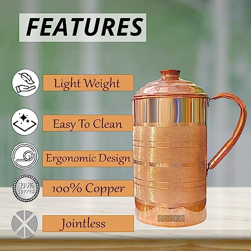 Adoko Pure Copper Water Jug Copper Pitcher for Drinking Water and Storage with Ayurveda Health Benefit & Smooth Finished 1.5 litres - Image 4
