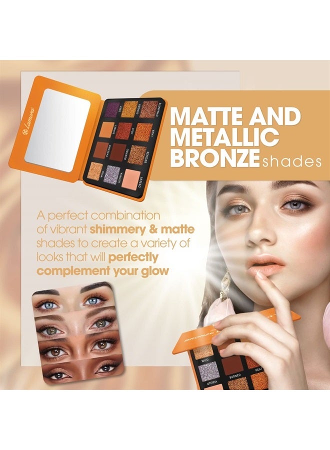 Lamora Nude Bronze Neutral Eyeshadow Palette - 12 Highly Pigmented Shimmer Matte Colors For Professional Amber Light Gold Makeup Looks - Travel Size Eye Shadow Palette With Mirror - Image 3