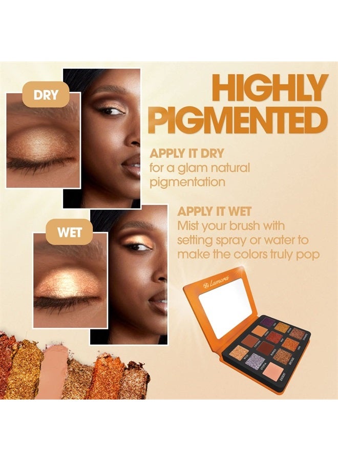 Lamora Nude Bronze Neutral Eyeshadow Palette - 12 Highly Pigmented Shimmer Matte Colors For Professional Amber Light Gold Makeup Looks - Travel Size Eye Shadow Palette With Mirror - Image 4