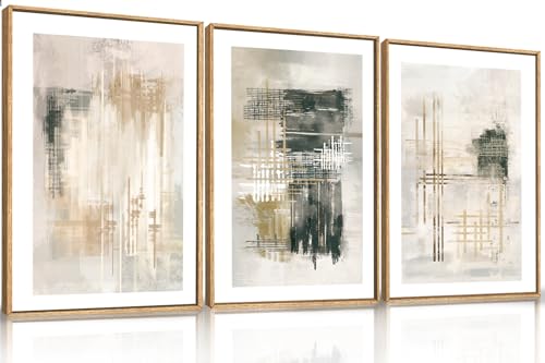 Ausril Modern Abstract Framed Canvas Wall Art Set Minimalist Neutral Wall Decor Textured Stroke Art Prints Beige Black White Painting for Living Room Bedroom Office 24x36x3 - Image 1