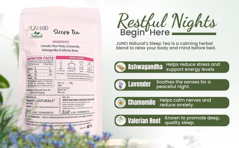Juno Natural Sleepy Tea - Herbal Tea for Relaxation & Restful Sleep - Stress Relief - 50g - Caffeine-Free - Image 4