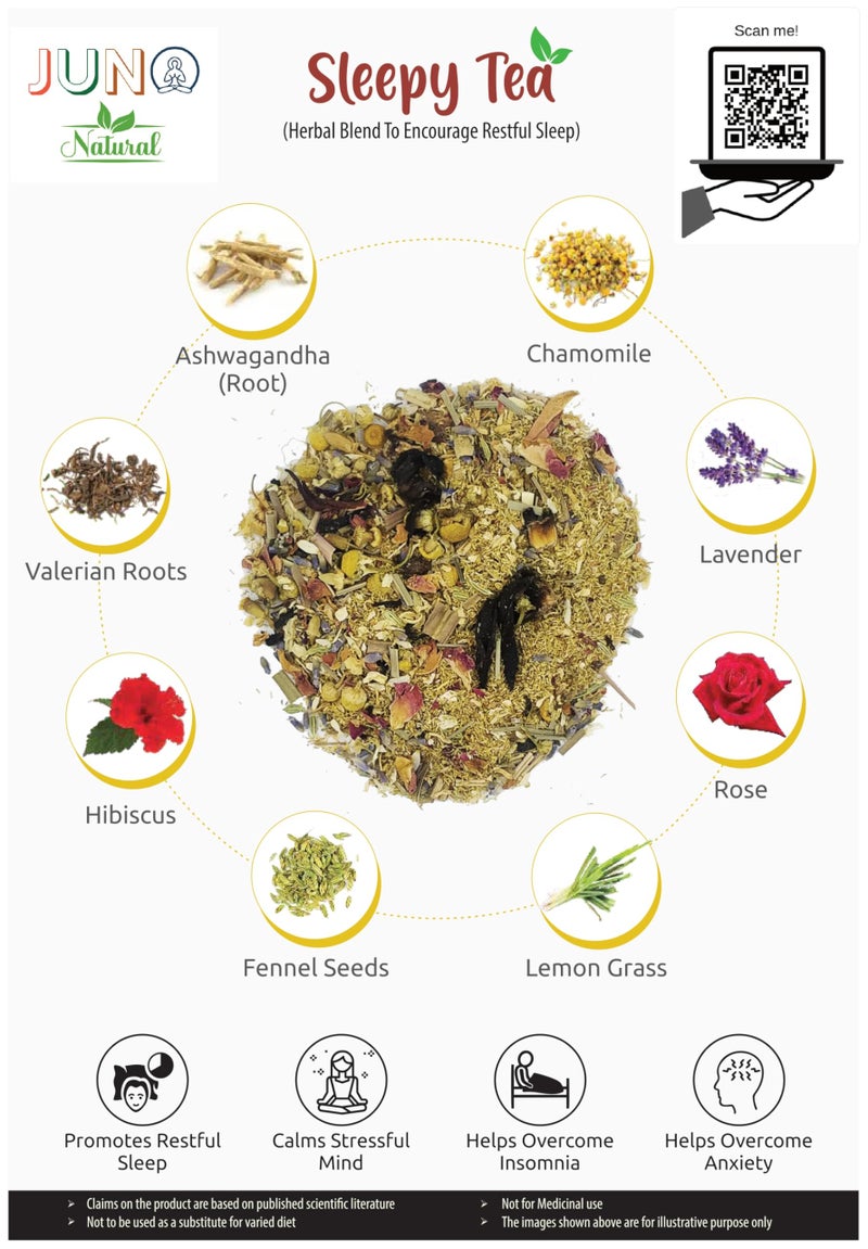 Juno Natural Sleepy Tea - Herbal Tea for Relaxation & Restful Sleep - Stress Relief - 50g - Caffeine-Free - Image 5