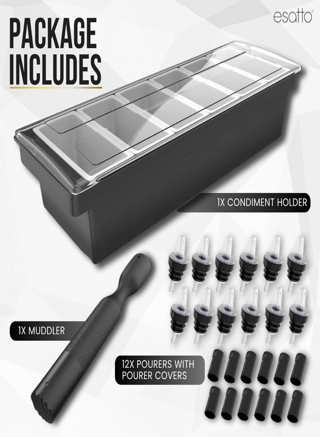 Esatto Bar Products Condiment Holder with 6-1 Pint Inserts Black, Keeps Fruit and Berries Fresher Longer, Additional 12 Pourers, 12 Pourer Covers, 1 Muddler - Image 2