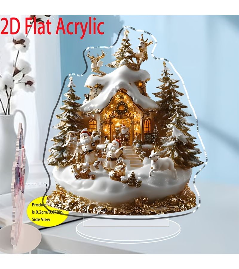 Model A Bohemian StyleAcrylic Christmas Snow Village Desktop Decoration witha Base Illuminated Houses Pine Trees Reindeer Scene - Image 4
