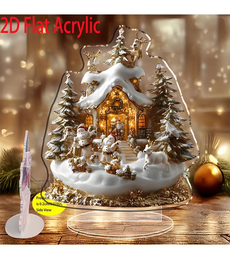 Model A Bohemian StyleAcrylic Christmas Snow Village Desktop Decoration witha Base Illuminated Houses Pine Trees Reindeer Scene - Image 1